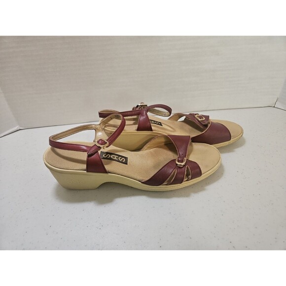 SAS Shoes - SAS Leather Wedge Sandals Womens 10.5 Maroon Peep Toe Buckle Strap Vintage 33791